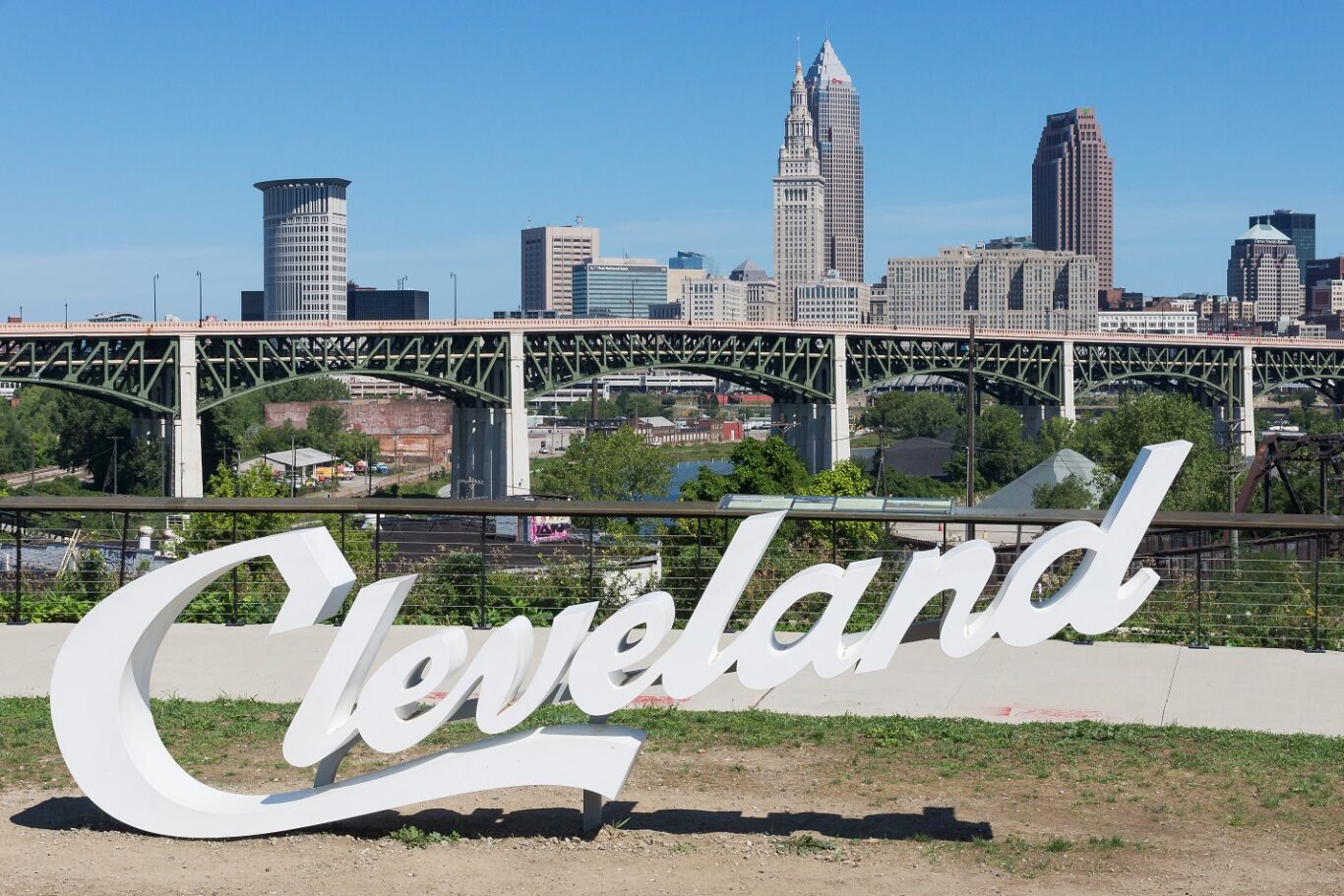 Cleveland, USA - August 29, 2016: This "Script Cleveland" sign was erected near the end of June prior to the Republican National Convention.  It is now a permanent feature at the Abbey Avenue scenic overlook, as seen on August 29, 2016 in Cleveland, Ohio