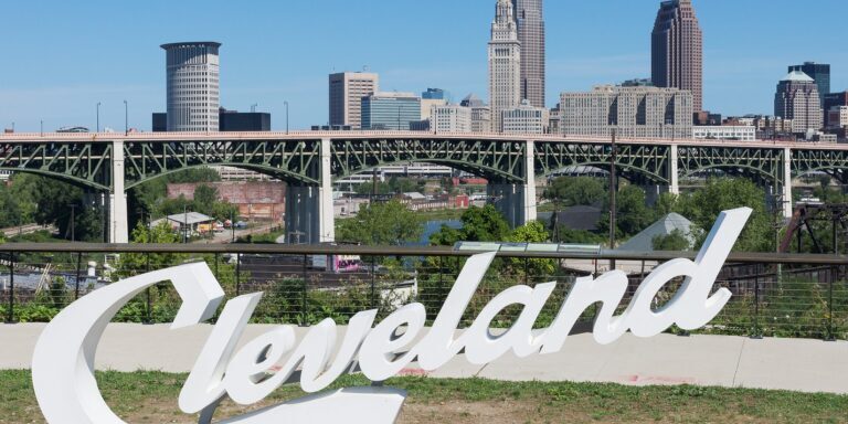 Cleveland, USA - August 29, 2016: This "Script Cleveland" sign was erected near the end of June prior to the Republican National Convention.  It is now a permanent feature at the Abbey Avenue scenic overlook, as seen on August 29, 2016 in Cleveland, Ohio
